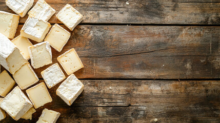 Rustic wooden table with assorted soft cheeses displayed on cutting board