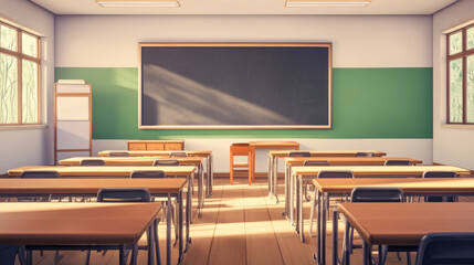Empty classroom with wooden desks and chalkboard in sunlit spacious room