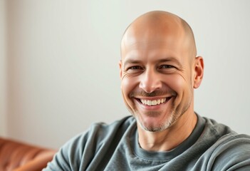 Fototapeta premium Bald man with a warm smile in a well-lit room