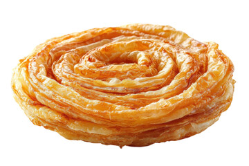 Flaky pastry swirl showcasing golden layers, perfect for dessert or breakfast indulgence