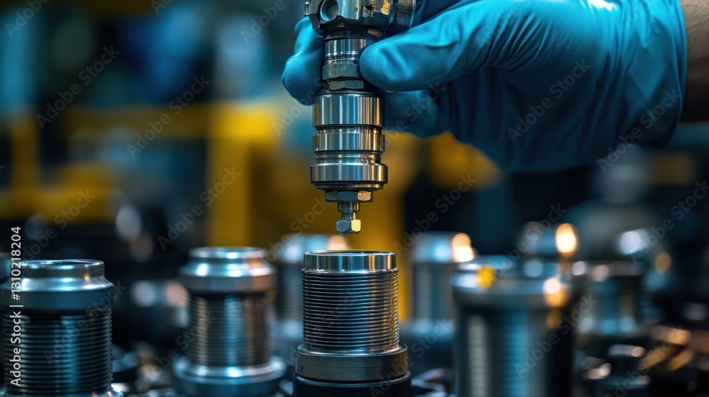 Poster gloved hand precisely installing a small metal part onto a larger threaded component during manufact