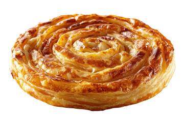 Flaky spiral pastry on display, showcasing golden layers and perfect texture in a bakery setting