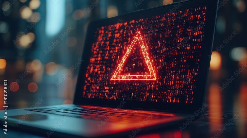Poster laptop screen displaying a glowing red warning triangle amid digital code.