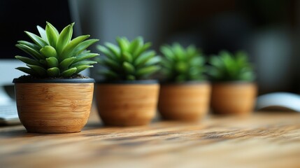 Four small potted plants arranged on a wooden table with a blurred background