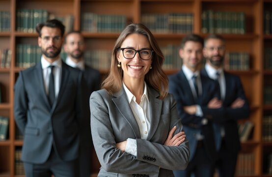 Confident businesswoman with colleagues in law firm library. Smiling female leader with team of professionals. Legal experts, lawyers, mentors, partners, advisors ready to help with business