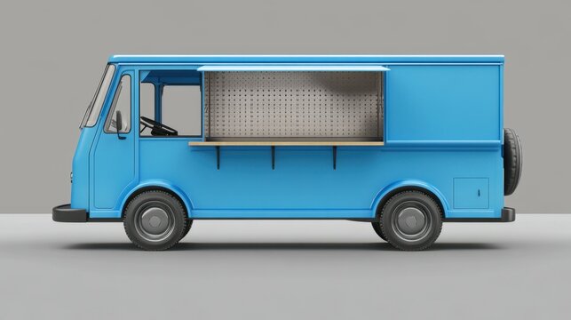 Side view of a blue food truck indoors.