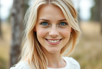 Fototapeta premium Serene Nordic blond woman in white dress with bright blue eyes