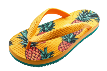 Bright yellow flip flop with pineapple pattern showcasing summer vibes and playful design