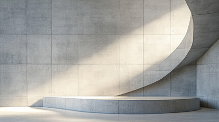 Fototapeta premium Minimalist architectural interior with curved concrete wall and sunlight
