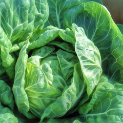 Fototapeta premium A close-up of a fresh cabbage with a rich green color and textured leaves. This image highlights the natural beauty and freshness of healthy vegetables.