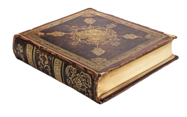 An Antique Leather Book with Ornate Gold Patterns on Its Cover Isolated on transparent background PNG