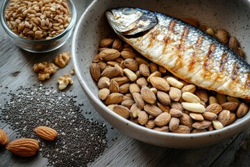 Naklejka premium Delightful bowl of mixed nuts and seeds beside a perfectly grilled mackerel fillet set on a rustic table. Generative AI