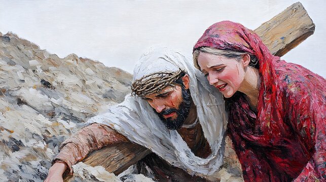 Easter, Jesus Christ with crown of thorns on his head falls under the cross, his mother Mary, crucifixion of jesus christ
