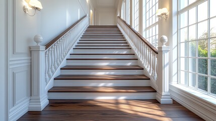 Obraz premium Sunlit mansion staircase, grand hall, luxury home