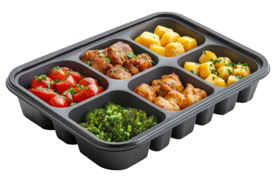 Healthy meal prep container filled with assorted vegetables and protein in an organized layout for convenient eating