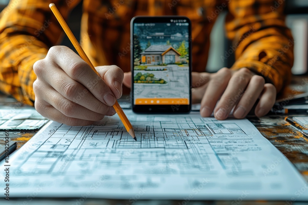 Aufkleber mobile application displaying house blueprint and illustration in real-time