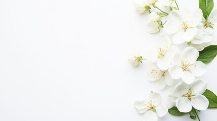 Fototapeta premium Elegant white blossoms on minimalist background with fresh green leaves