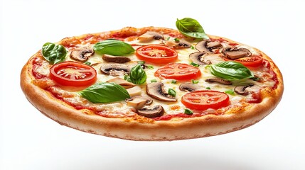 A pizza featuring mushrooms, tomatoes, cheese, and basil, with ingredients appearing to levitate against a white background.