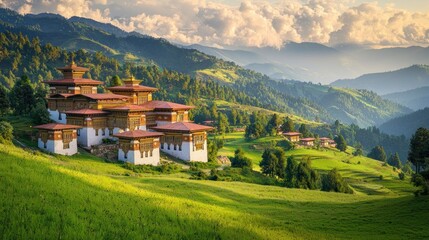 Obraz premium Bhutanese monastery at golden hour, lush valley, mountain backdrop