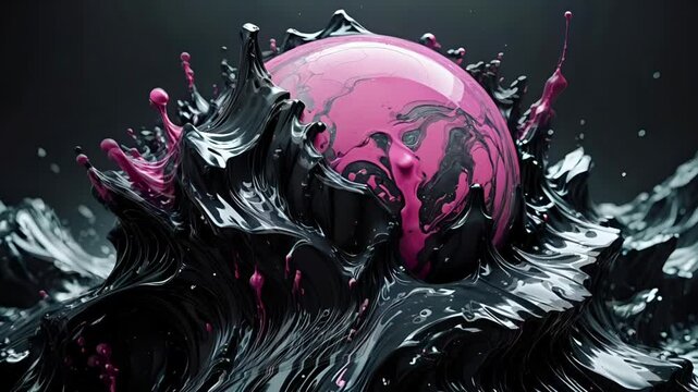 An interesting abstract composition of bright pink paintballs surrounded by swirling black ink swirls.