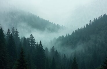 Misty mountain landscape featuring forest on hills, nature park with fog. Scenic green tourism background with dark pine trees. Wild, cold winter weather natural environment view with cloud. Travel