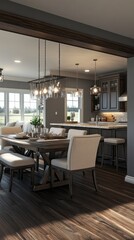 Fototapeta premium This stylish kitchen features grey cabinetry and an inviting dining area, perfect for family meals