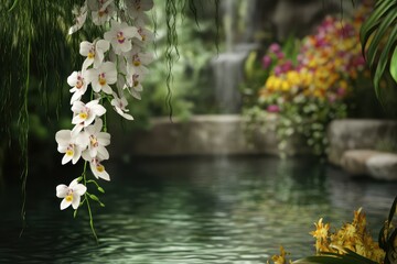 Cascading orchids flourish in a serene tropical garden with a tranquil pond and vibrant blossoms in the background. Generative AI