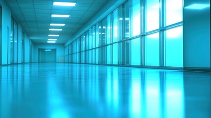 Obraz premium Bright and modern corridor with reflective floors and glass walls in a building