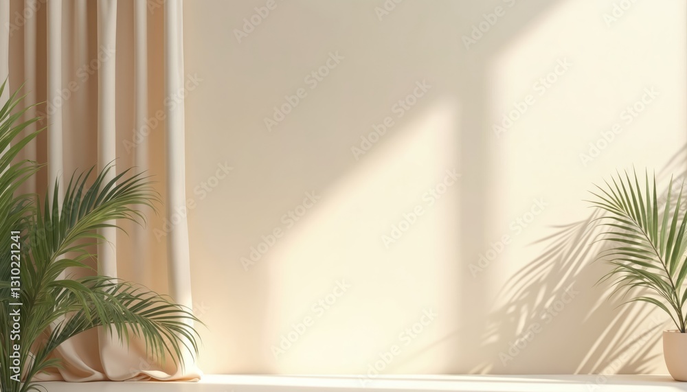Poster minimalistic light beige studio backdrop with curtain, potted palm for product display presentation.