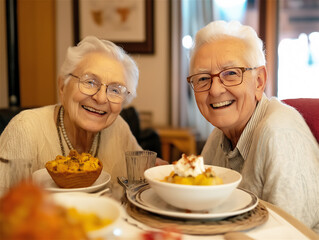 Joyful elderly couple celebrating with a festive cake, capturing the beauty of shared moments, love, and continued happiness in later life.