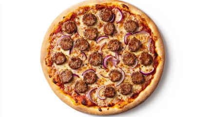 A top-down view of a pizza topped with sausages and red onions, set against a white background. High-quality photograph.