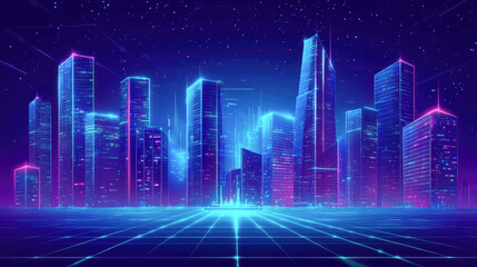 Fototapeta premium Futuristic neon cityscape with cyberpunk skyscrapers under starry night sky