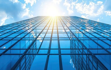 Modern skyscraper reflecting sunlight against a clear blue sky with clouds