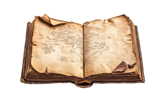 An Antique Book with a Fragile Map of a Forgotten Treasure Trove Isolated on transparent background PNG