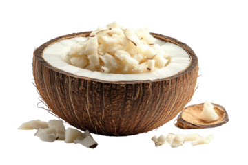 Fresh coconut pieces arranged in a rustic shell with shavings on a white background