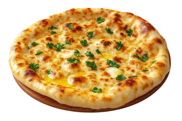 Delicious freshly baked naan bread topped with melted butter and cilantro served on a wooden platter