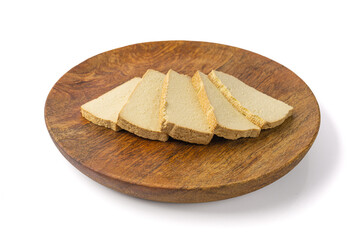 Tofu Cheese Isolated, Smoked Vegan Cheese Slice, Sliced Soya Bean Curd, Soy Protein or TSP