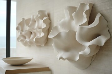 Sculptural wall decor enhances a minimalist modern interior space