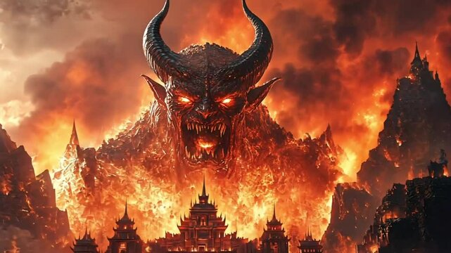 Giant demon overlooking fiery ancient city. Possible use Fantasy illustration