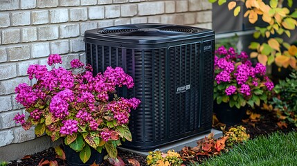 Black Central Air Conditioner Unit with Magenta Flowers Home Exterior