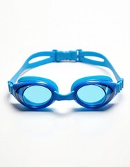 Isolated pair of blue swimming goggles on clean background. Swim eyewear for pool protects eyes. Sport gear provides clear underwater vision. Adjustable lens, comfortable fit, protection during swim.