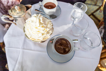 Cafeteria table with ice cream and hot chocolate