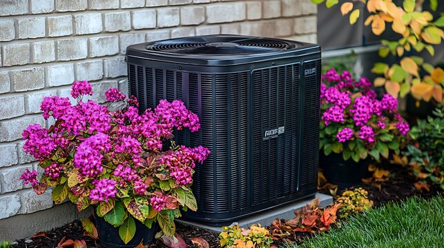 Black Central Air Conditioner Unit with Magenta Flowers Home Exterior