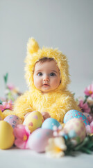 Fototapeta premium Adorable baby dressed as yellow chick surrounded by colorful easter eggs and flowers