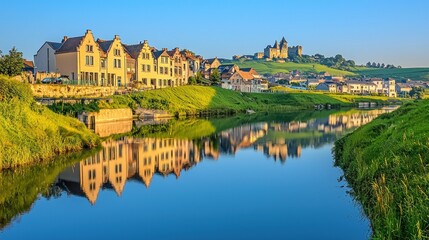 Fototapeta premium European village riverside houses reflecting in calm water at sunrise