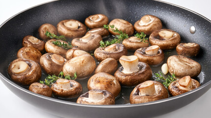 Sizzling button mushrooms with thyme in nonstick frying pan