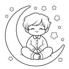 Children wearing pajamas and sitting on the moon, for coloring