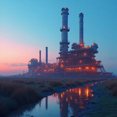 oil refinery at night