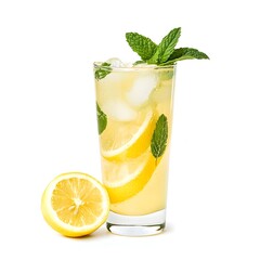 Fototapeta premium Refreshing Lemonade in a Tall Glass with Mint Leaves, Side View, Isolated on White Background