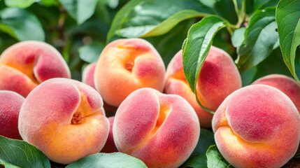 Fresh ripe peaches on tree branch with lush green leaves
